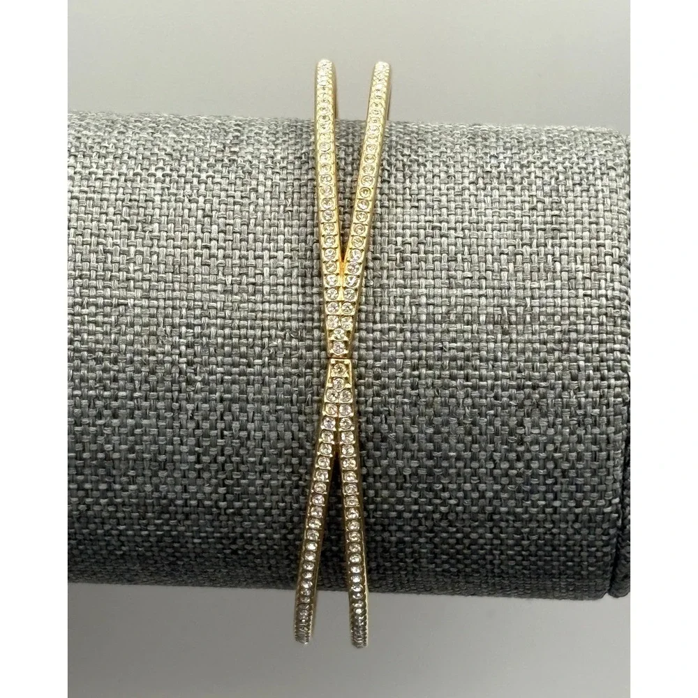 Nordstrom Gold Tone Crossover Bangle Bracelet Clear Cubic Zirconia Hinged